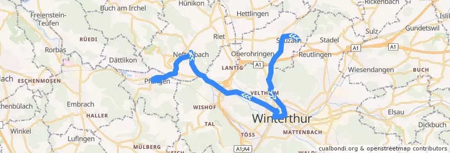 Mapa del recorrido Bus 674: Seuzach → Winterthur → Pfungen de la línea  en Bezirk Winterthur.