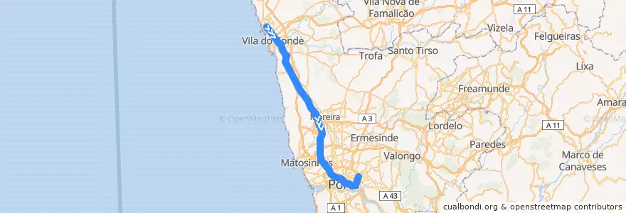 Mapa del recorrido Linha B: Póvoa de Varzim => Estádio do Dragão de la línea  en Área Metropolitana do Porto.