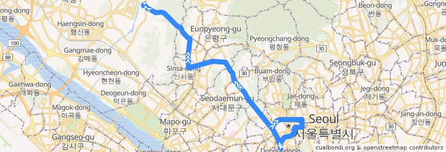 Mapa del recorrido 702A de la línea  en 서울.