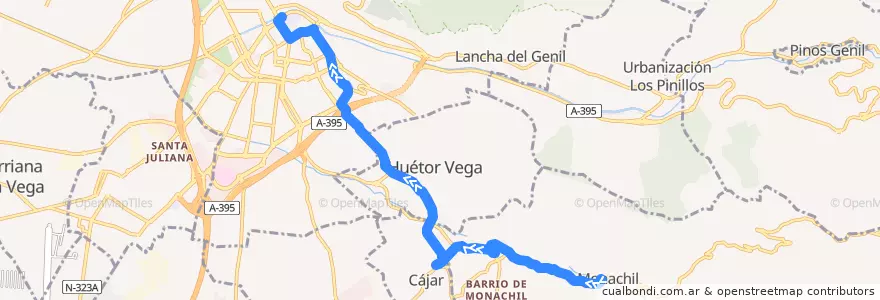 Mapa del recorrido Bus 0183: Monachil → Barrio Monachil → Cájar → Huétor Vega → Granada de la línea  en Comarca de la Vega de Granada.
