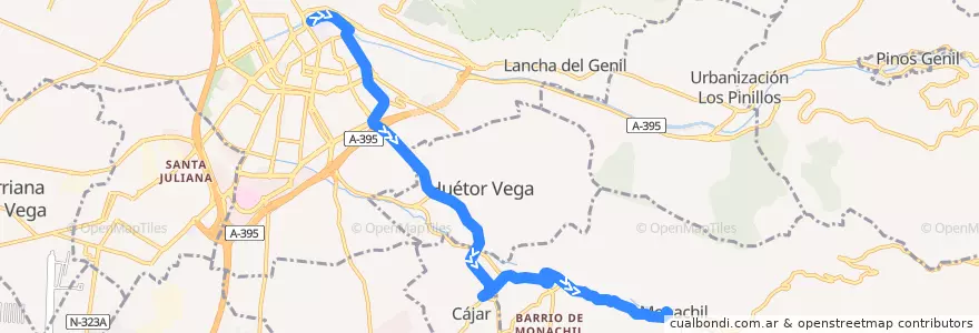 Mapa del recorrido Bus 0183: Granada → Huétor Vega → Cájar → Barrio Monachil → Monachil de la línea  en Comarca de la Vega de Granada.