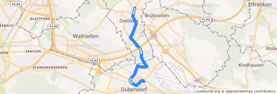 Mapa del recorrido Bus 748: Dietlikon, Hofwiesen => Dübendorf, Bahnhof de la línea  en Zurigo.