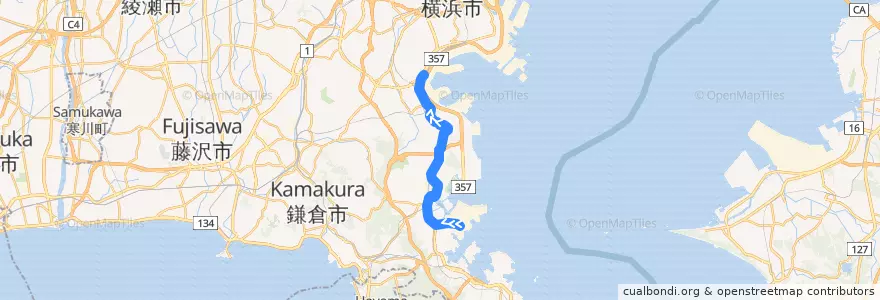 Mapa del recorrido 京急バス　4　磯子駅～追浜車庫前 de la línea  en Yokohama.