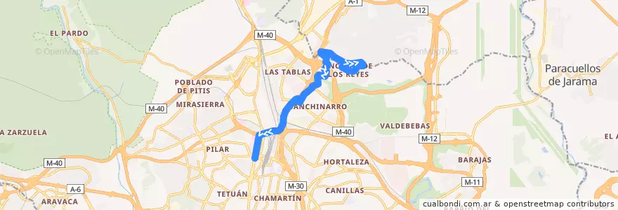 Mapa del recorrido Bus 155B: El Encinar de los Reyes → Madrid (Plaza Castilla) de la línea  en Área metropolitana de Madrid y Corredor del Henares.