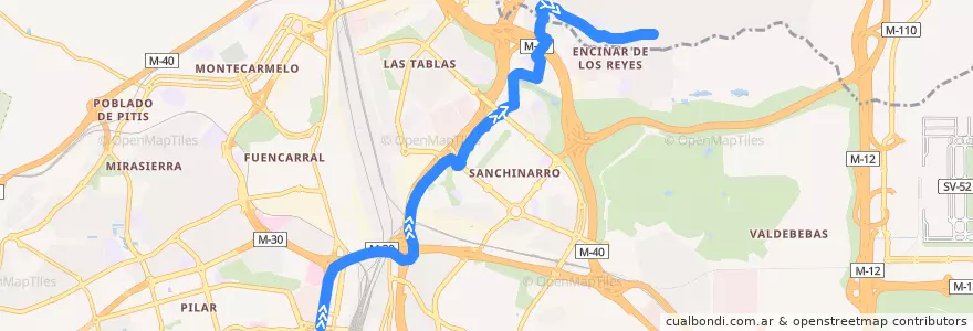 Mapa del recorrido Bus 155B: Madrid (Plaza Castilla) → El Encinar de los Reyes de la línea  en Área metropolitana de Madrid y Corredor del Henares.