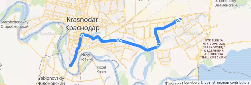 Mapa del recorrido Трамвай №4 "Комсомольский микрорайон - улица Индустриальная" de la línea  en Krasnodar Municipality.