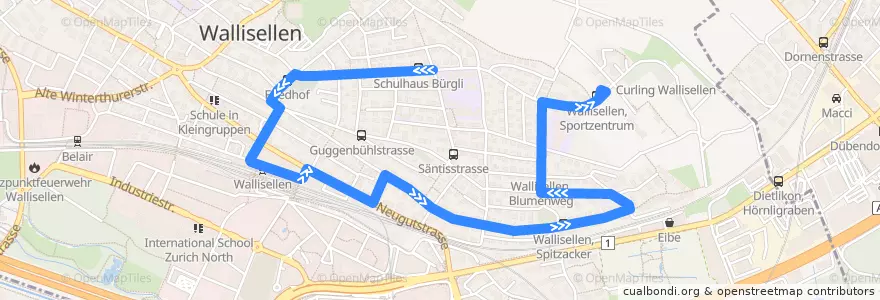 Mapa del recorrido Bus 772: Wallisellen, Schulhaus Bürgli => Wallisellen, Sportzentrum de la línea  en Wallisellen.