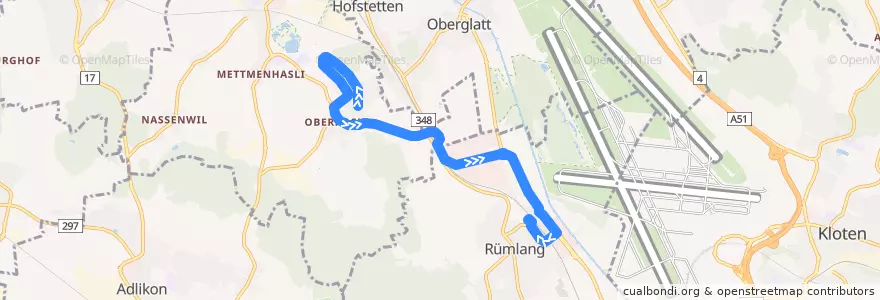 Mapa del recorrido Bus 797: Oberhasli, Hasliberg => Rümlang, Bahnhof de la línea  en Bezirk Dielsdorf.