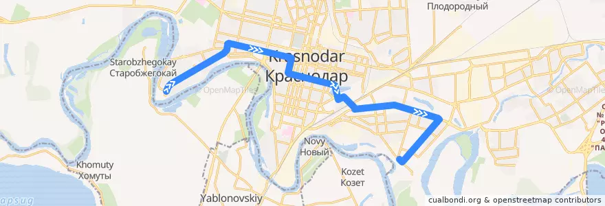 Mapa del recorrido Трамвай №6 "Юбилейный микрорайон - улица Димитрова" de la línea  en Krasnodar Municipality.