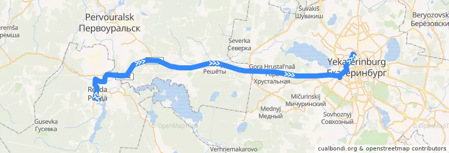 Mapa del recorrido Автобус 151. Ревда - Екатеринбург de la línea  en أوبلاست سفردلوفسك.