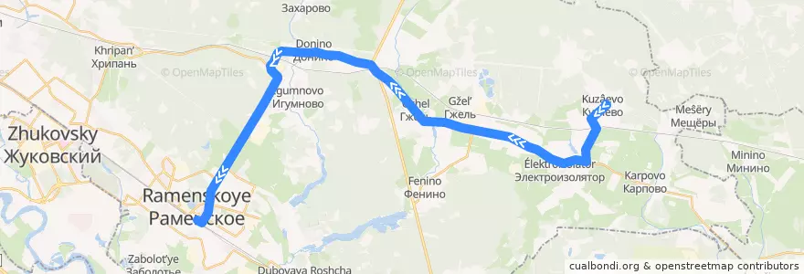 Mapa del recorrido Автобус №51: Кузяево - Раменское de la línea  en Раменский городской округ.