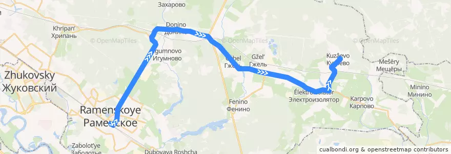 Mapa del recorrido Автобус №51: Раменское - Кузяево de la línea  en Раменский городской округ.