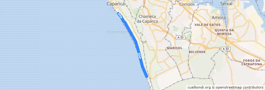 Mapa del recorrido Minicomboio da Caparica: Costa da Caparica → Fonte da Telha de la línea  en Costa da Caparica.