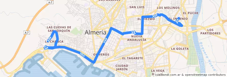 Mapa del recorrido L6: Pescadería - El Puche de la línea  en Almería.