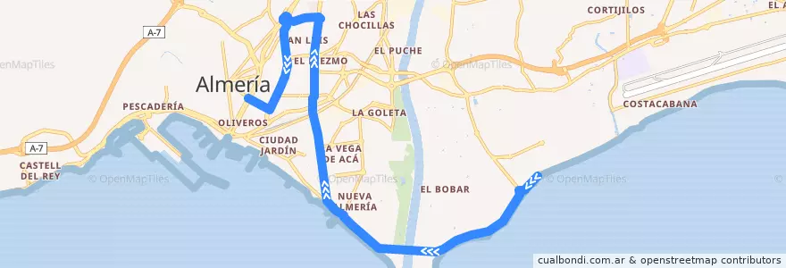 Mapa del recorrido L11: Zapillo - Universidad - Nueva Andalucía de la línea  en Almería.