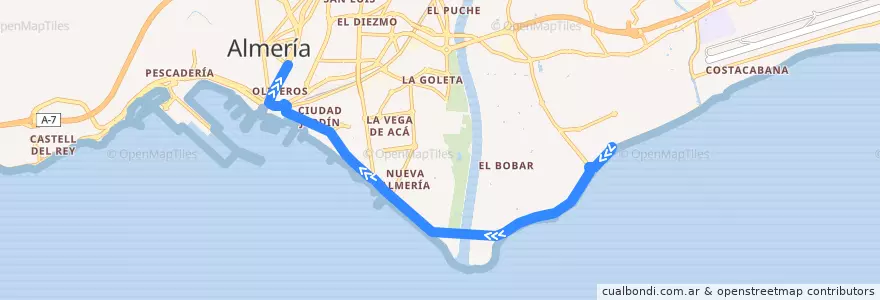 Mapa del recorrido L12: Nueva Andalucía - Universidad - Zapillo de la línea  en Almería.