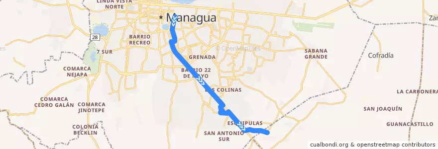 Mapa del recorrido Ruta VAN: Mercado Oriental -> Comarca Los Vanegas de la línea  en Managua (Municipio).
