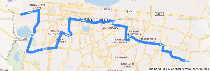 Mapa del recorrido Ruta 118: Laureles Sur -> Cuesta El Plomo de la línea  en Managua (Municipio).