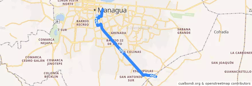 Mapa del recorrido Ruta VAN: Comarca Los Vanegas -> Mercado Oriental de la línea  en Managua (Municipio).
