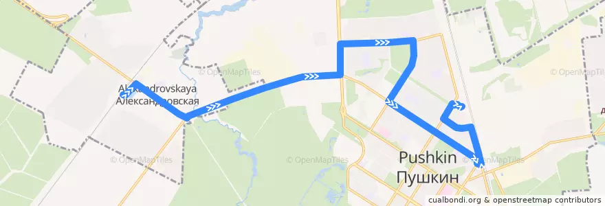 Mapa del recorrido Автобус № 377: ж/д станция "Александровская" => Железнодорожная улица de la línea  en Пушкинский район.