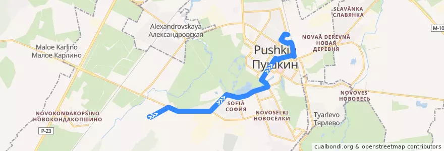 Mapa del recorrido Автобус № 380: Старогатчинское шоссе => Железнодорожная улица de la línea  en Пушкин.