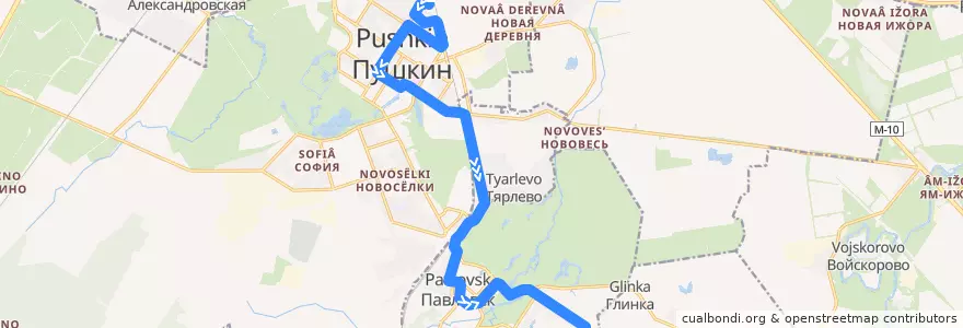 Mapa del recorrido Автобус № 383: Пушкин, Железнодорожная улица => Павловск, Звериницкая улица de la línea  en Пушкинский район.