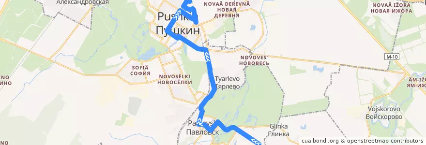 Mapa del recorrido Автобус № 383: Павловск, Звериницкая улица => Пушкин, Железнодорожная улица de la línea  en Пушкинский район.