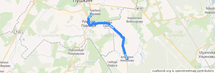 Mapa del recorrido Автобус № 493: Павловск, вокзал => Аннолово de la línea  en Ленинградская область.