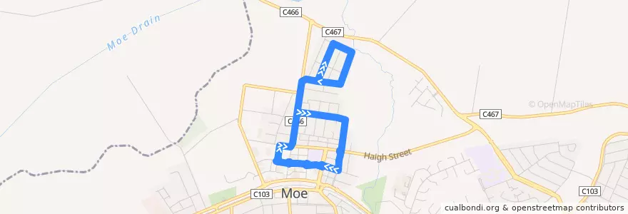 Mapa del recorrido Moe - Moe North de la línea  en Latrobe City.