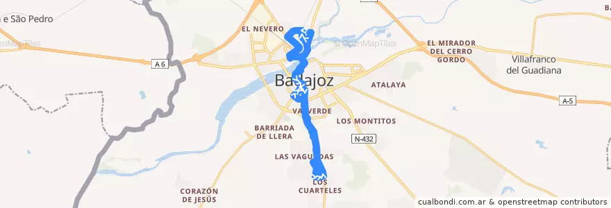 Mapa del recorrido Bus 6: Gurugú-Altozanos-Las Vaguadas de la línea  en Badajoz.