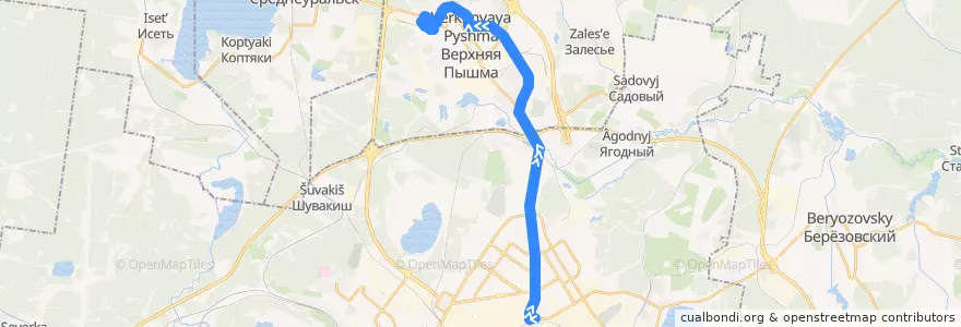 Mapa del recorrido Автобус 108. Верхняя Пышма - Екатеринбург de la línea  en Oblast Swerdlowsk.