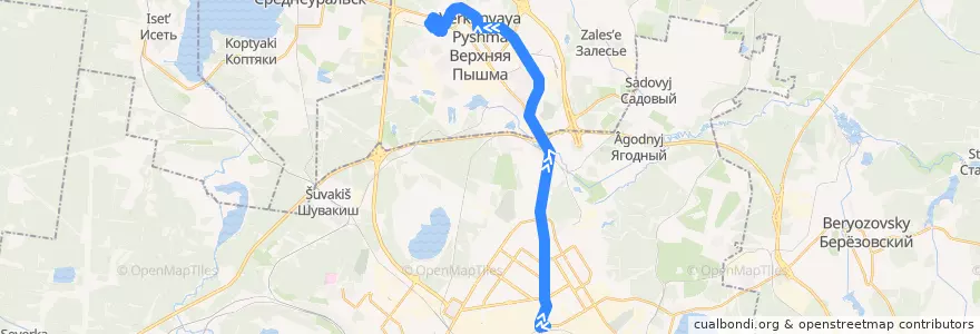 Mapa del recorrido Автобус 108. Екатеринбург - Верхняя Пышма de la línea  en Свердловская область.