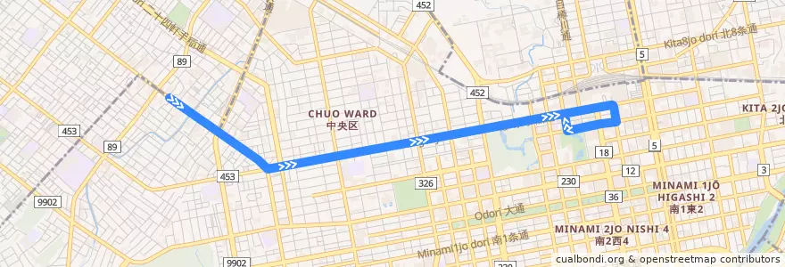 Mapa del recorrido 北5条線 de la línea  en 中央区.