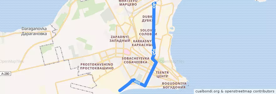 Mapa del recorrido Троллейбус №1: ж.д. вокзал "Таганрог-1" - площадь Авиаторов de la línea  en Taganrog City District.