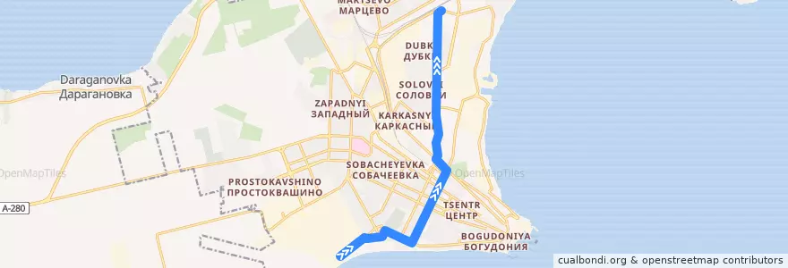 Mapa del recorrido Троллейбус №1: площадь Авиаторов - ж.д. вокзал "Таганрог-1" de la línea  en Taganrog City District.