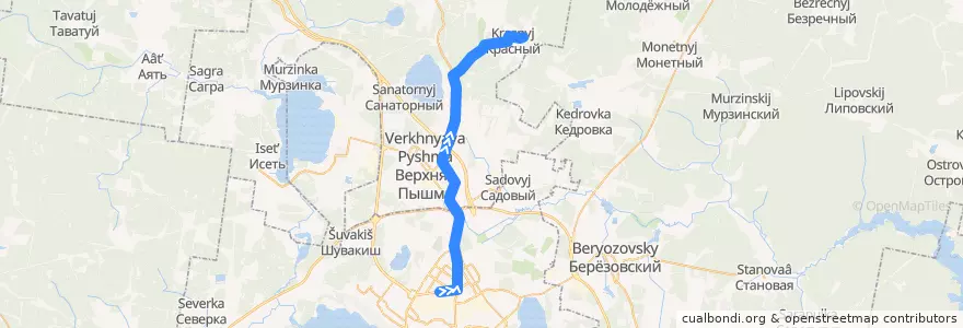 Mapa del recorrido Автобус 104Е. Екатеринбург - Посёлок Красный de la línea  en أوبلاست سفردلوفسك.