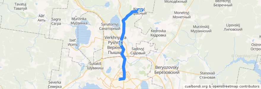 Mapa del recorrido Автобус 104Е. Посёлок Красный - Екатеринбург de la línea  en Свердловская область.