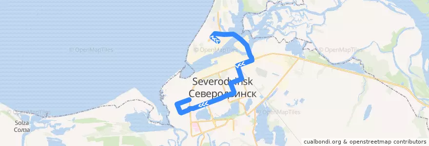 Mapa del recorrido Автобус 1: АО "ЦС "Звёздочка" - Морской проспект (рабочие дни) de la línea  en городской округ Северодвинск.
