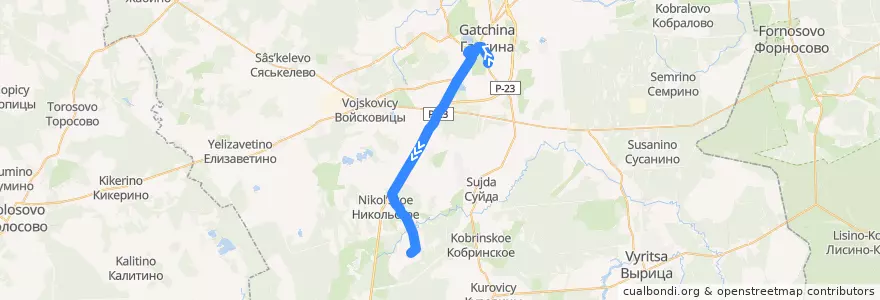 Mapa del recorrido Автобус № 516А: Гатчина, Варшавский вокзал => Меньково de la línea  en Гатчинский район.