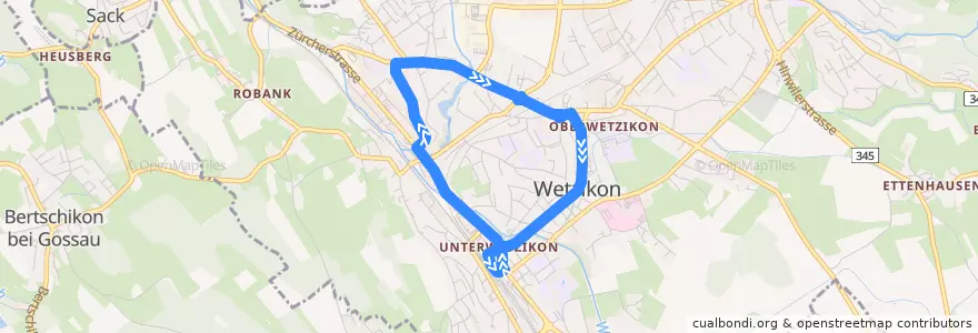 Mapa del recorrido Bus 852: Rundkurs Wetzikon ZH (via Robenhausen – Zentrum) de la línea  en Wetzikon (ZH).