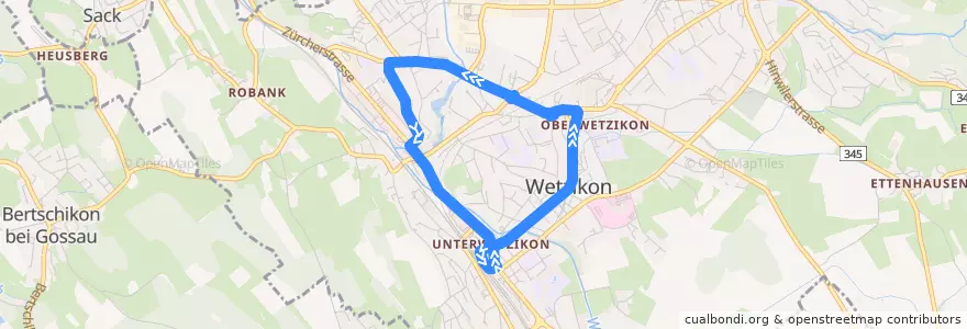 Mapa del recorrido Bus 853: Rundkurs Wetzikon ZH (via Zentrum – Robenhausen) de la línea  en Wetzikon (ZH).