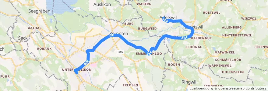 Mapa del recorrido Bus 851: Adetswil, Sunneberg => Wetzikon ZH, Bahnhof de la línea  en Bezirk Hinwil.
