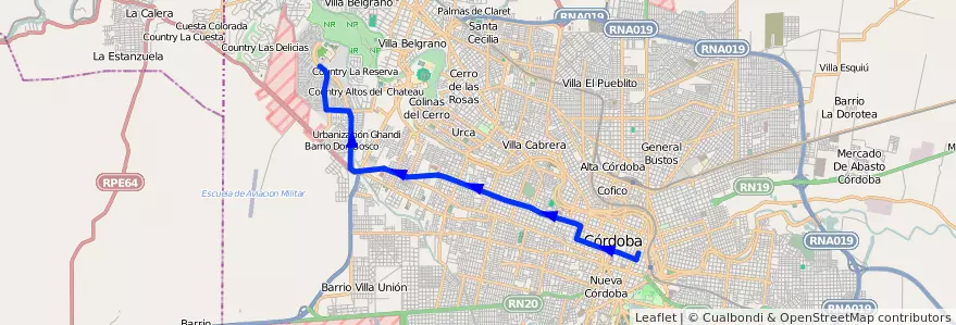 Mapa del recorrido 3 de la línea E (Celeste) en Municipio de Córdoba.