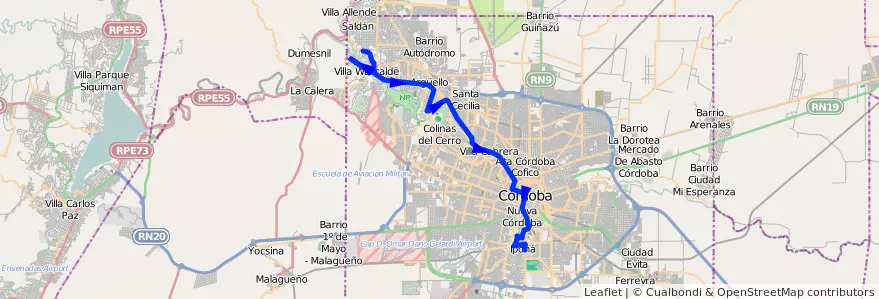 Mapa del recorrido 3 de la línea N (Naranja) en Municipio de Córdoba.