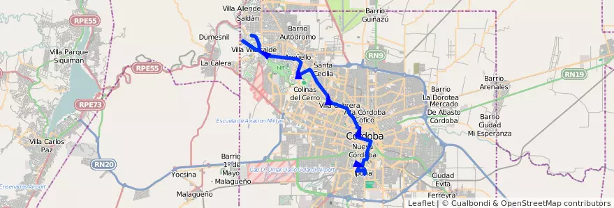 Mapa del recorrido 3 de la línea N (Naranja) en Municipio de Córdoba.