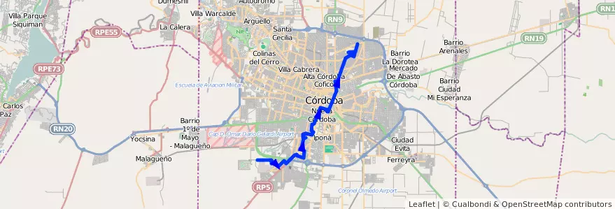 Mapa del recorrido 3 de la línea R (Rojo) en Municipio de Córdoba.