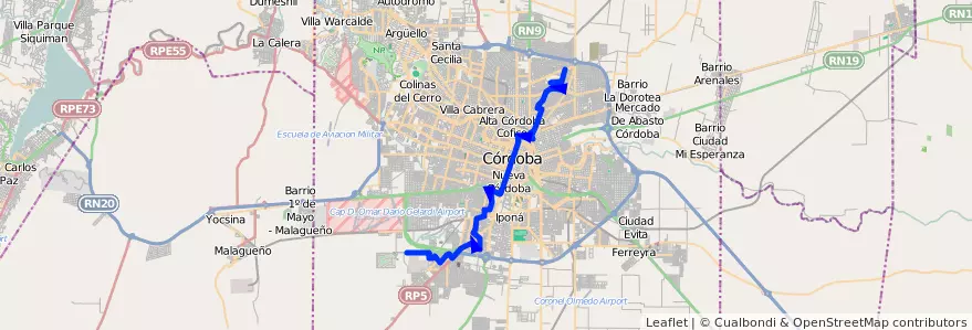 Mapa del recorrido 3 de la línea R (Rojo) en Municipio de Córdoba.