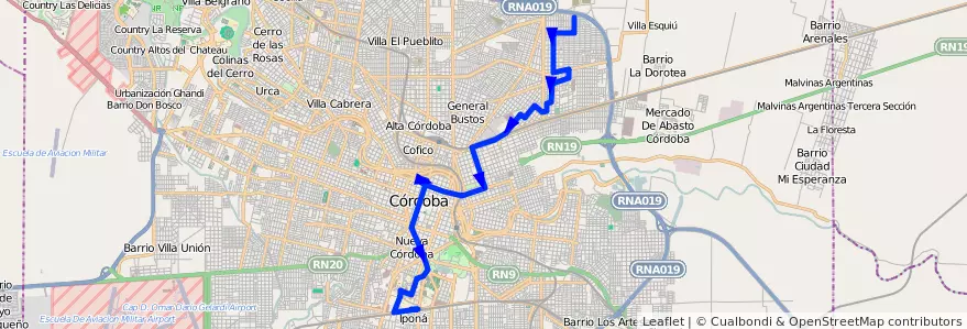 Mapa del recorrido 3 de la línea C (Amarillo) en Municipio de Córdoba.