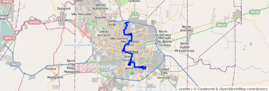 Mapa del recorrido 3 de la línea A (Azul) en Municipio de Córdoba.