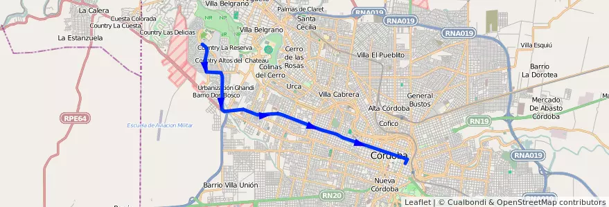 Mapa del recorrido 3 de la línea E (Celeste) en Municipio de Córdoba.